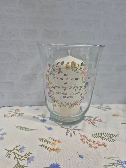 Personalised Floral Memory Candle & Hurricane Vase – In Loving Remembrance