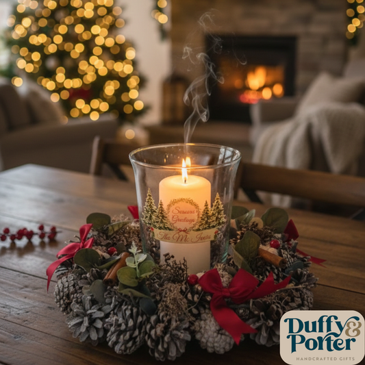 Personalised Christmas Centre Piece with candle and hurricane lamp