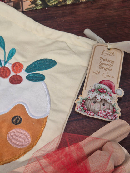 Personalised Kids Christmas Baking Set – Child-Sized Wooden Utensils, Custom Tag & Embroidered Bag
