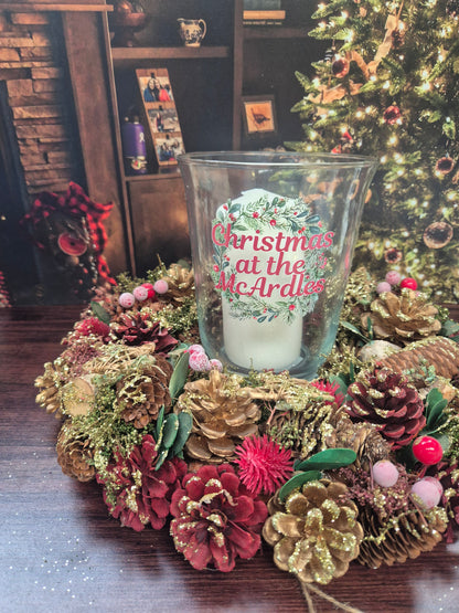 Personalised Christmas Red Centre Piece with candle and hurricane lamp