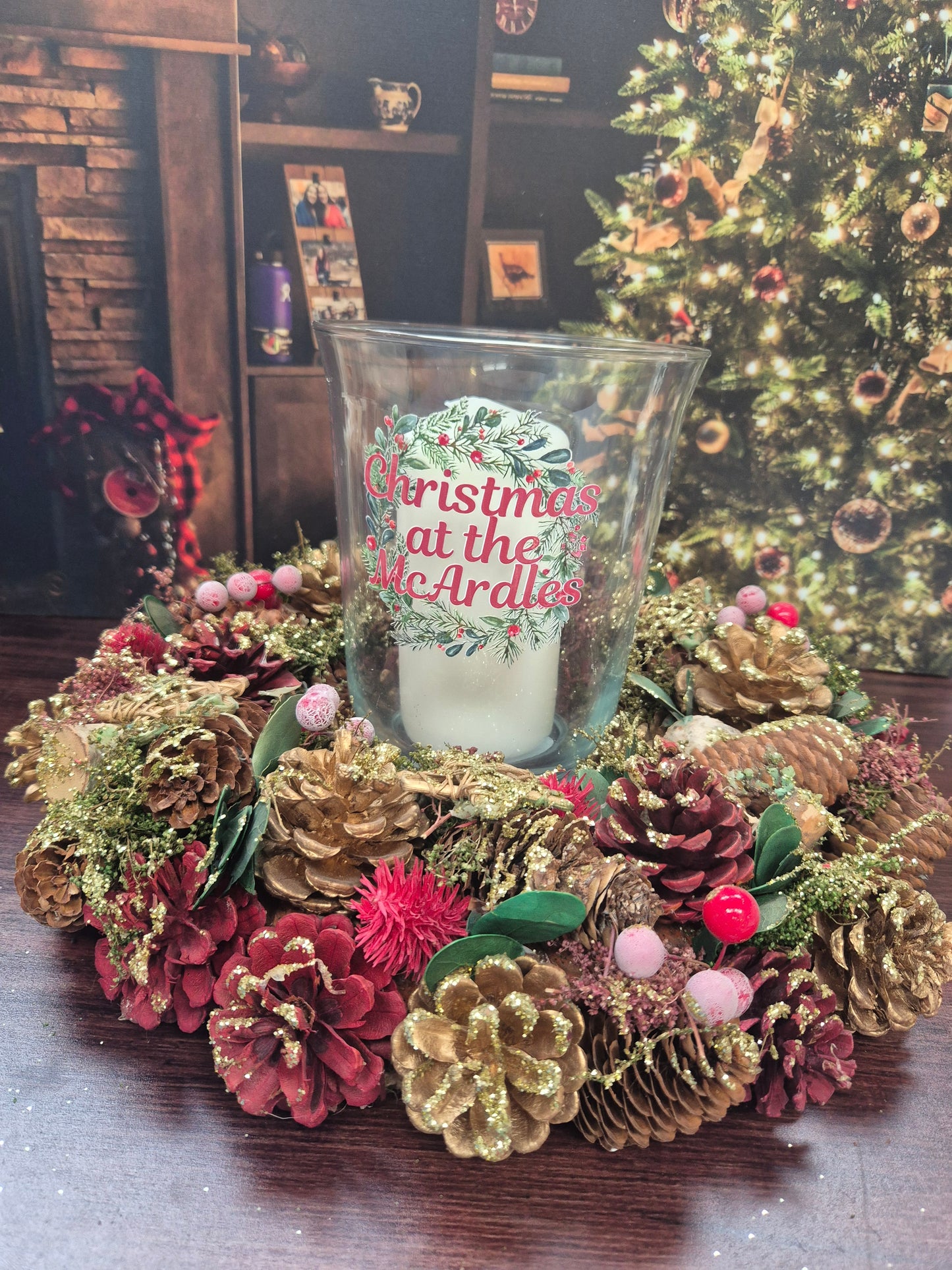 Personalised Christmas Red Centre Piece with candle and hurricane lamp