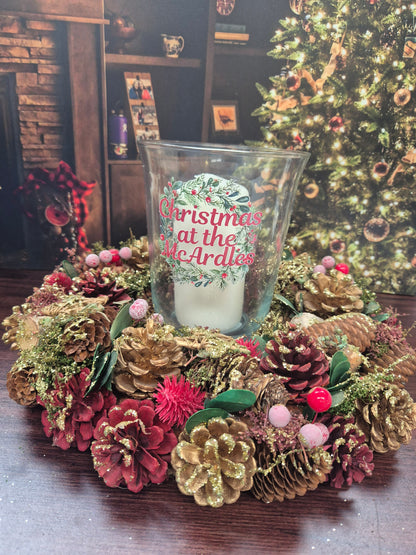Personalised Christmas Red Centre Piece with candle and hurricane lamp