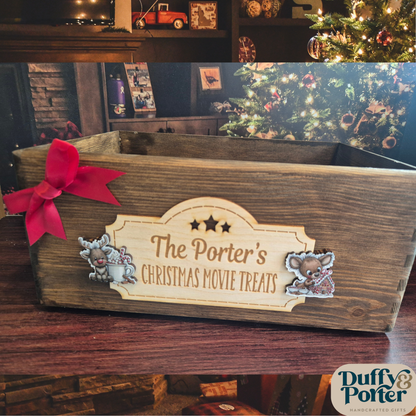 Personalised Wooden Christmas Movie Night Crate (Filled or Empty) – Custom Family Treat Box