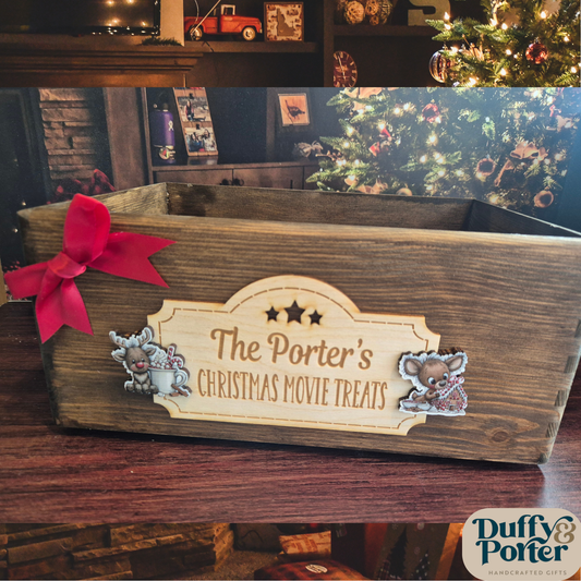 Personalised Wooden Christmas Movie Night Crate (Filled or Empty) – Custom Family Treat Box