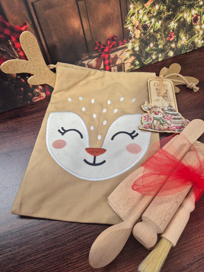 Personalised Kids Christmas Baking Set Reindeer – Child-Sized Wooden Utensils, Custom Tag & Embroidered Bag