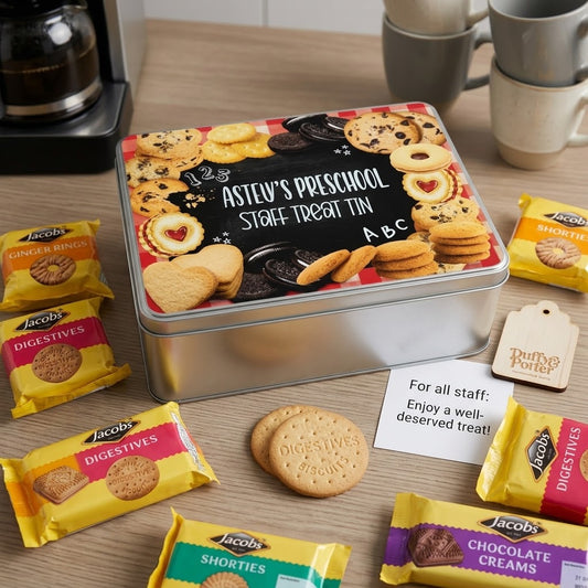 Personalised Name treat and biscuit tin WITH BISCUITS- chalkboard