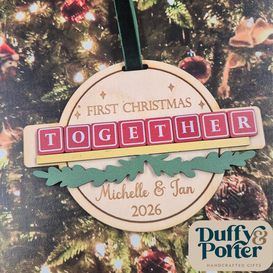 Personalised First Christmas Together Bauble – Layered Wooden Tree Decoration Ireland | Custom Couple Keepsake