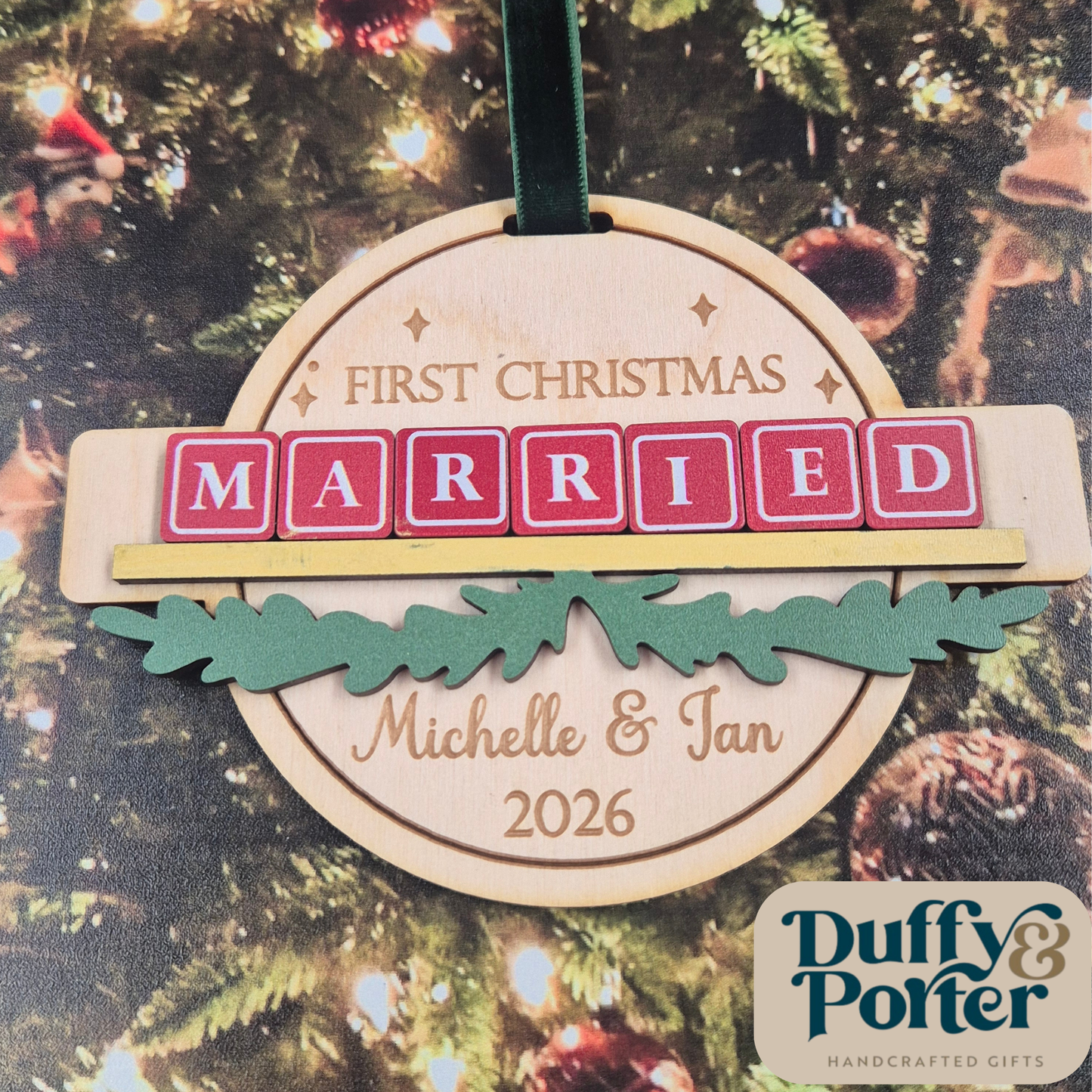 Personalised First Christmas Married Bauble – Layered Wooden Tree Decoration Ireland | Custom Newlywed Gift