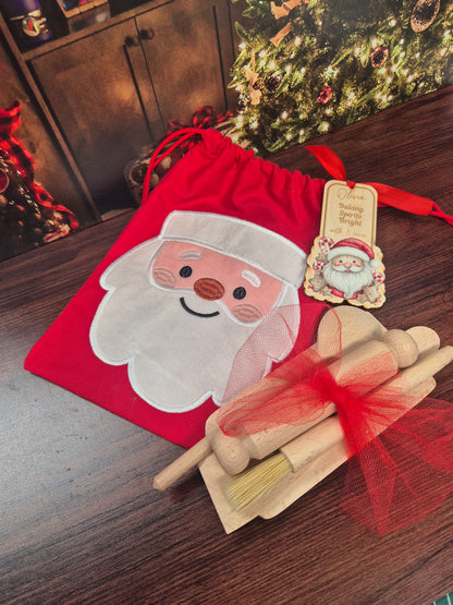 Personalised Kids Christmas Baking Set Reindeer Santa – Child-Sized Wooden Utensils, Custom Tag & Embroidered Bag