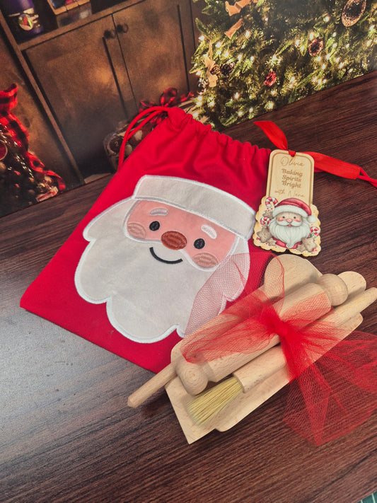 Personalised Kids Christmas Baking Set Reindeer Santa – Child-Sized Wooden Utensils, Custom Tag & Embroidered Bag