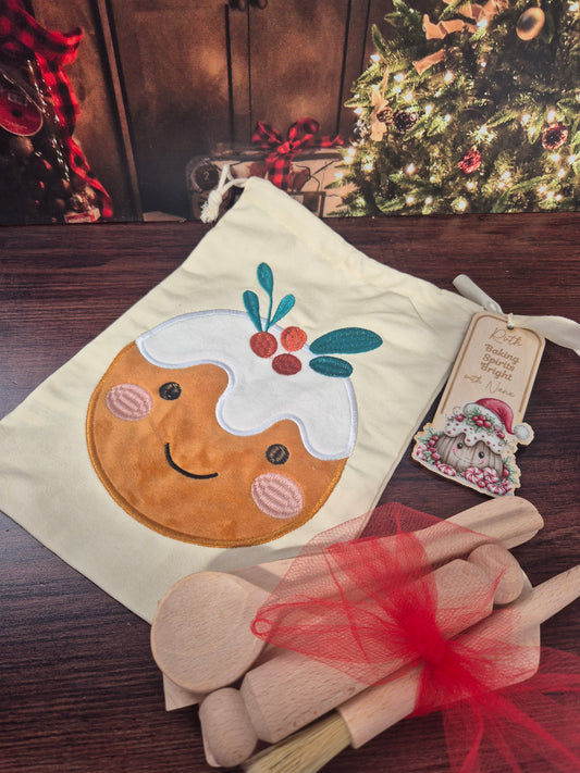 Personalised Kids Christmas Baking Set – Child-Sized Wooden Utensils, Custom Tag & Embroidered Bag