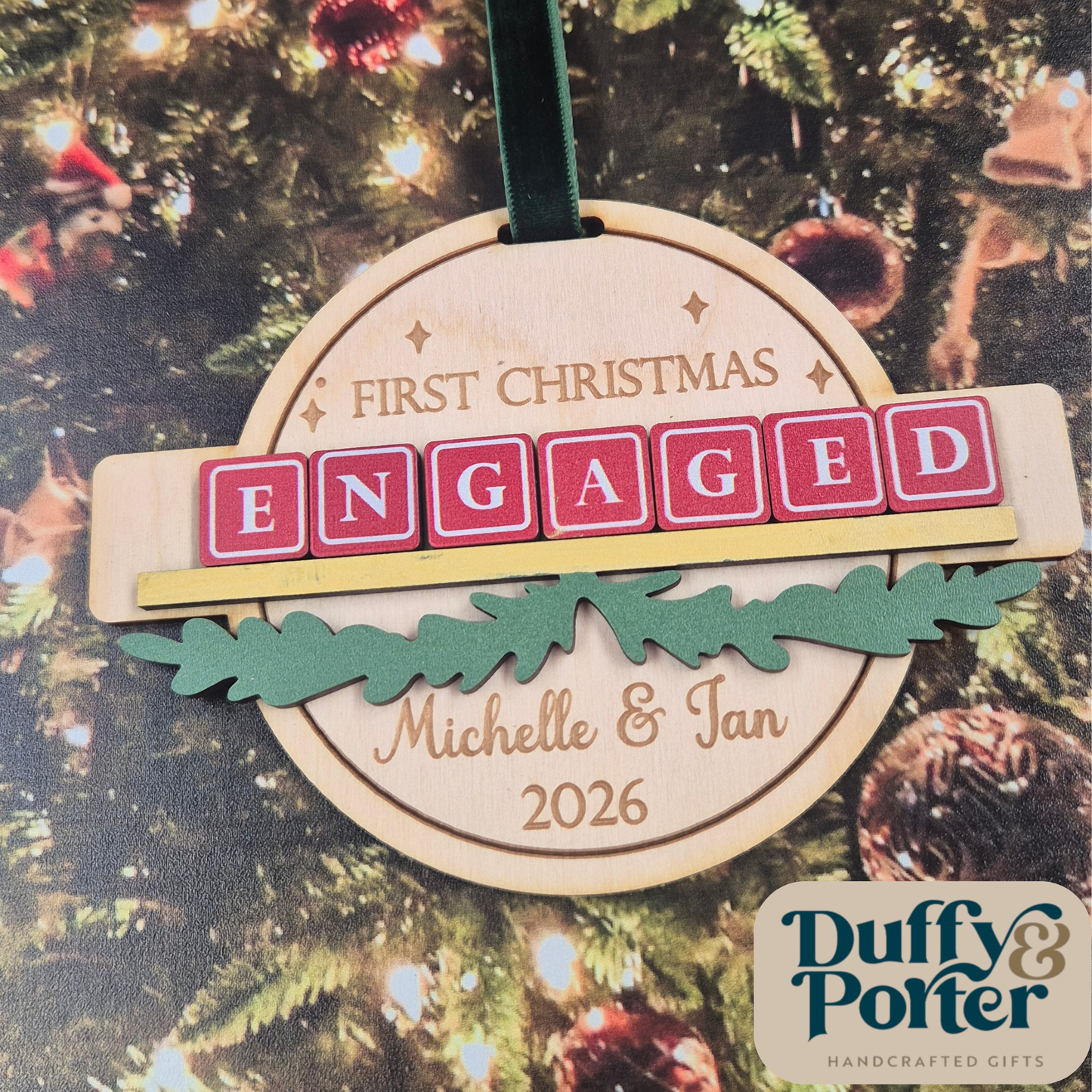 Personalised First Christmas Engaged Bauble – Layered Wooden Tree Decoration Ireland | Custom Engagement Gift