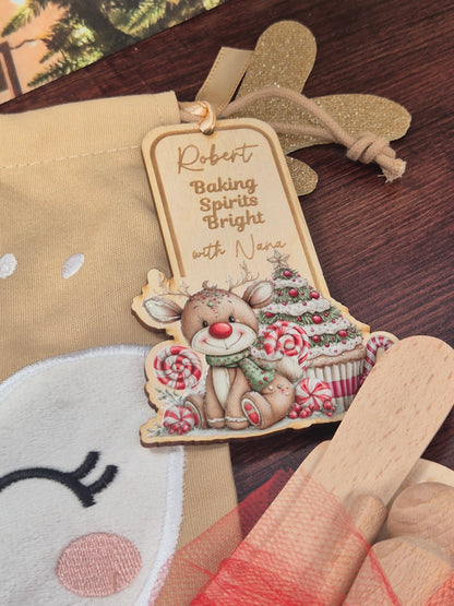 Personalised Kids Christmas Baking Set Reindeer – Child-Sized Wooden Utensils, Custom Tag & Embroidered Bag