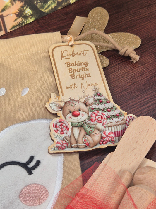 Personalised Kids Christmas Baking Set Reindeer – Child-Sized Wooden Utensils, Custom Tag & Embroidered Bag