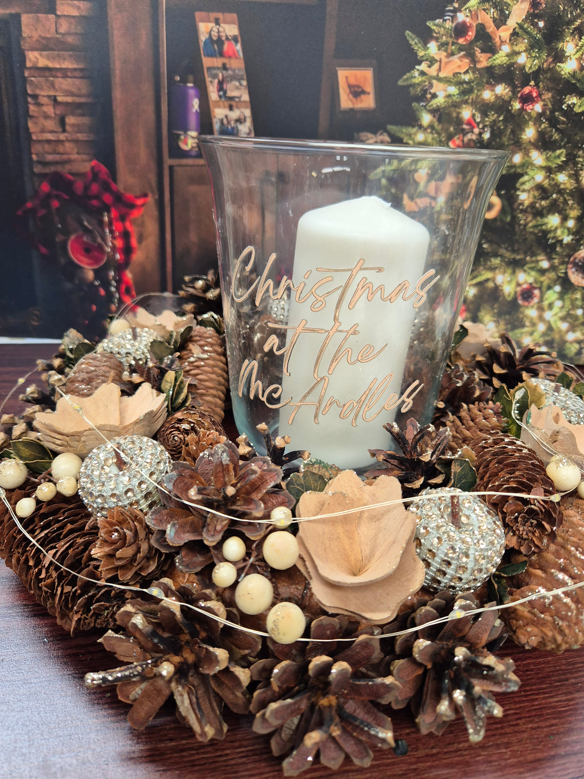 Personalised Christmas Gold (lights) Centre Piece with candle and hurricane lamp
