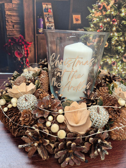 Personalised Christmas Gold (lights) Centre Piece with candle and hurricane lamp
