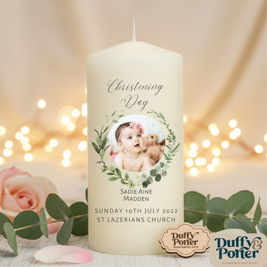 Picture Christening/Naming day Candle Eucalyptus