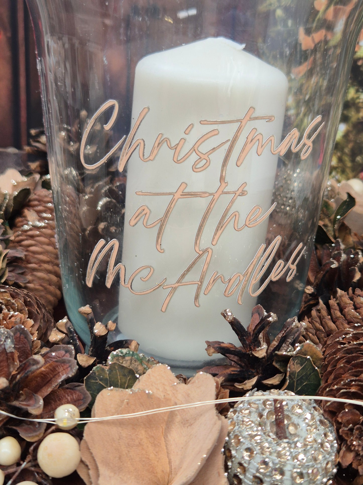 Personalised Christmas Gold (lights) Centre Piece with candle and hurricane lamp