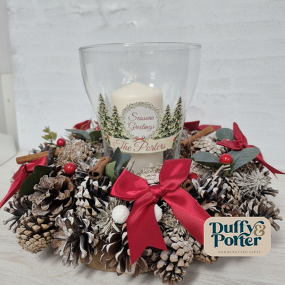 Personalised Christmas Centre Piece with candle and hurricane lamp