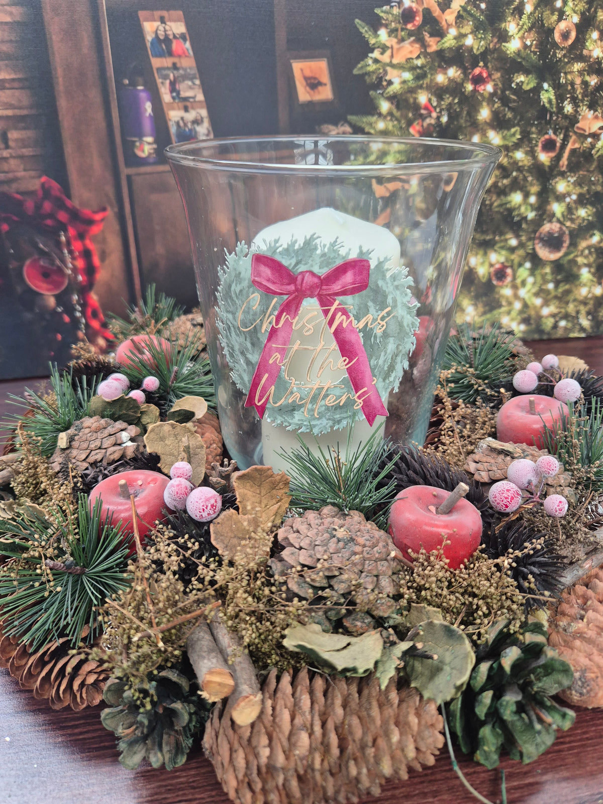 Personalised Christmas apples Centre Piece with candle and hurricane lamp