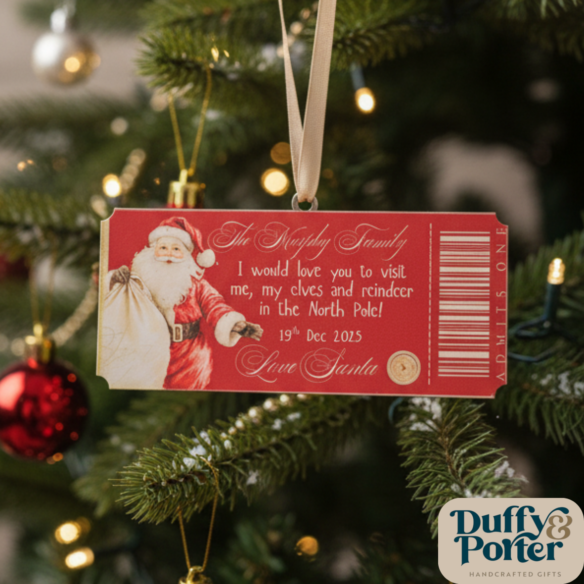 Personalised Ticket Tree Decoration– Printed Keepsake Reveal Santa