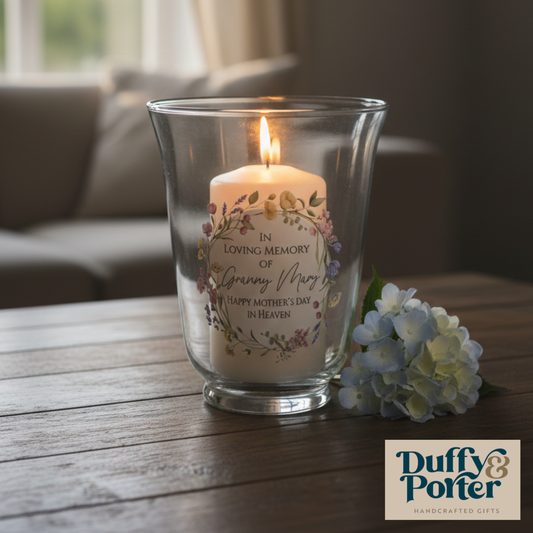 Personalised Floral Memory Candle & Hurricane Vase – In Loving Remembrance