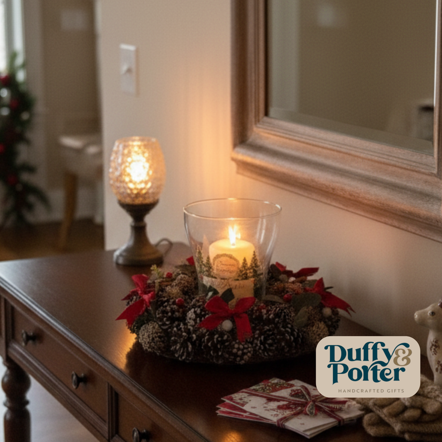 Personalised Christmas Centre Piece with candle and hurricane lamp