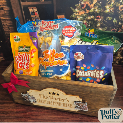 Personalised Wooden Christmas Movie Night Crate (Filled or Empty) – Custom Family Treat Box