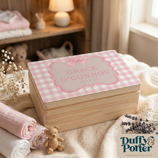 Bow and Gingham Wooden Keepsake Box