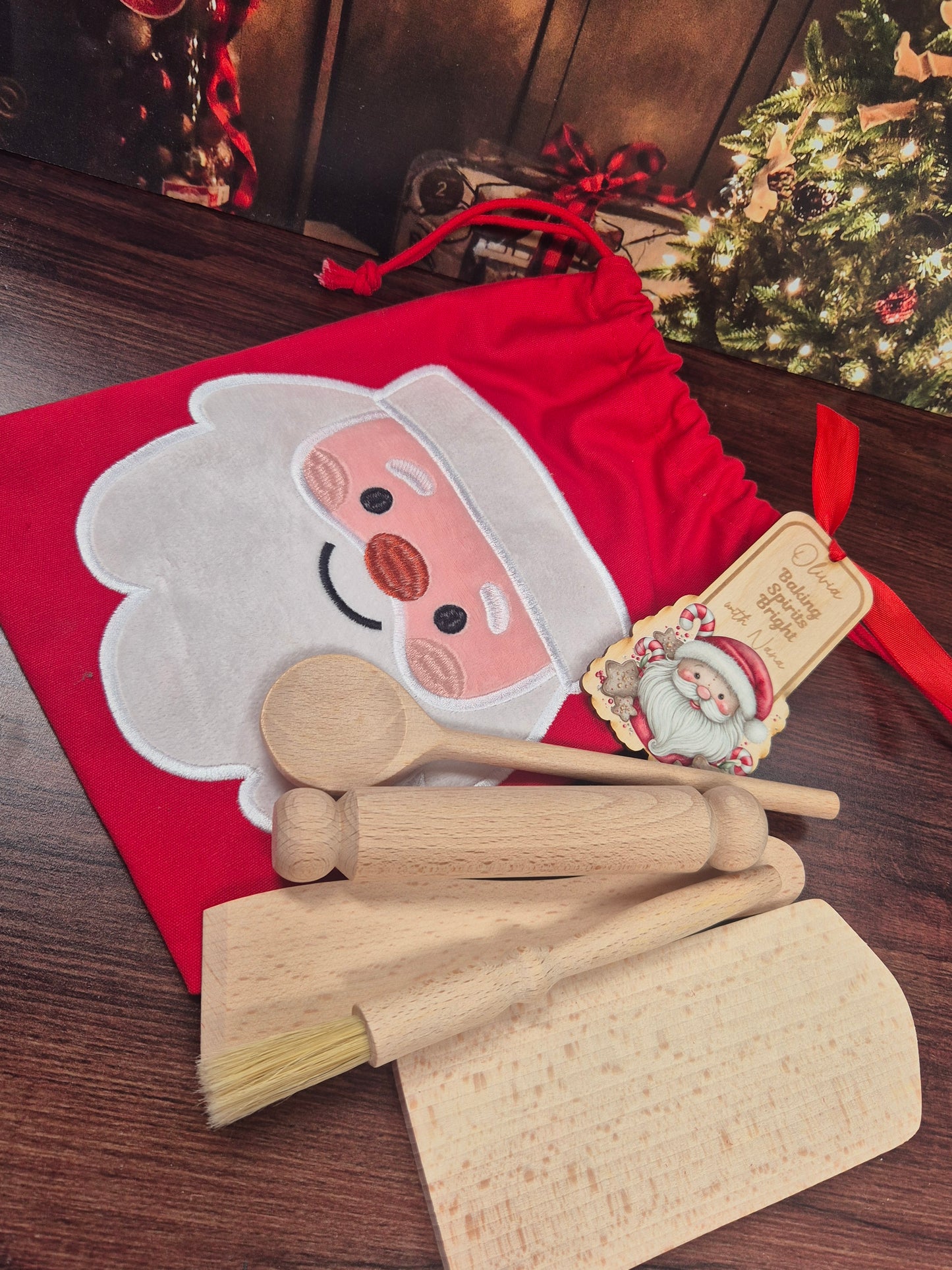 Personalised Kids Christmas Baking Set Reindeer Santa – Child-Sized Wooden Utensils, Custom Tag & Embroidered Bag