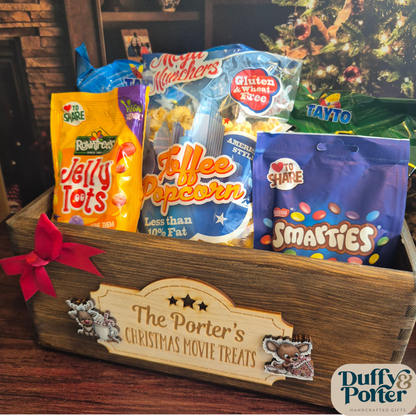 Personalised Wooden Christmas Movie Night Crate (Filled or Empty) – Custom Family Treat Box