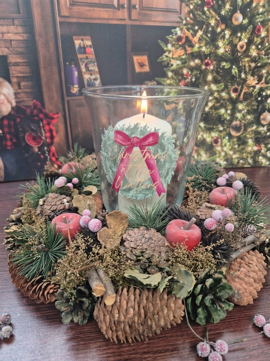 Personalised Christmas apples Centre Piece with candle and hurricane lamp