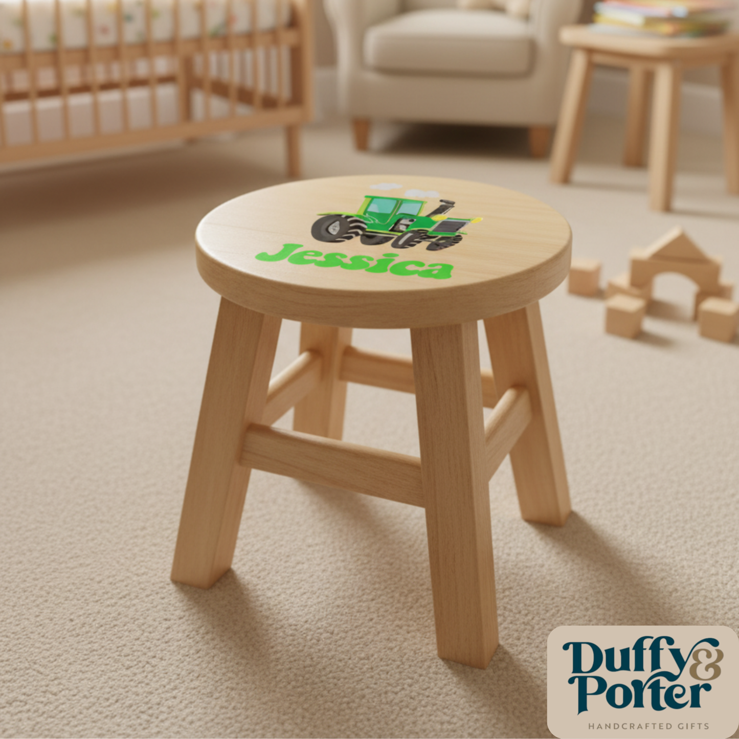 Children's Wooden Stool Green Tractor