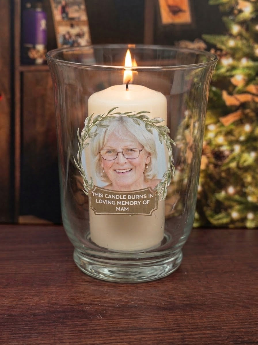 Personalised Memory Candle & Hurricane Vase photo – In Loving Remembrance