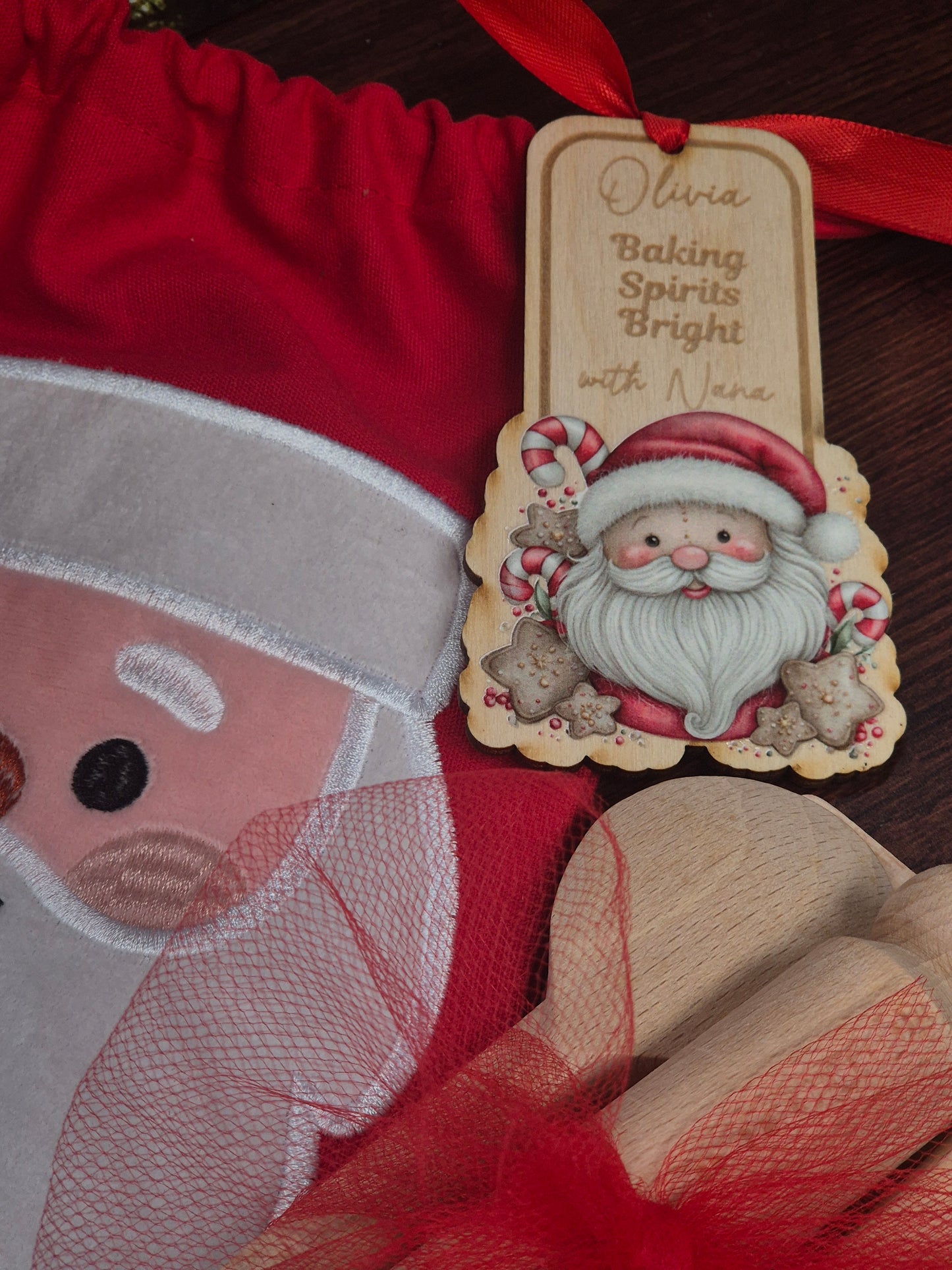 Personalised Kids Christmas Baking Set Reindeer Santa – Child-Sized Wooden Utensils, Custom Tag & Embroidered Bag