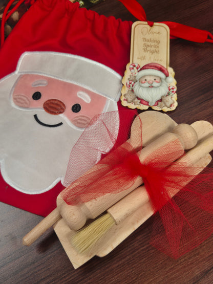 Personalised Kids Christmas Baking Set Reindeer Santa – Child-Sized Wooden Utensils, Custom Tag & Embroidered Bag
